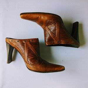 Via Spiga Vero Cuoio Real Genuine Italian Leather Brown Tan Mules Slip Ons 8M